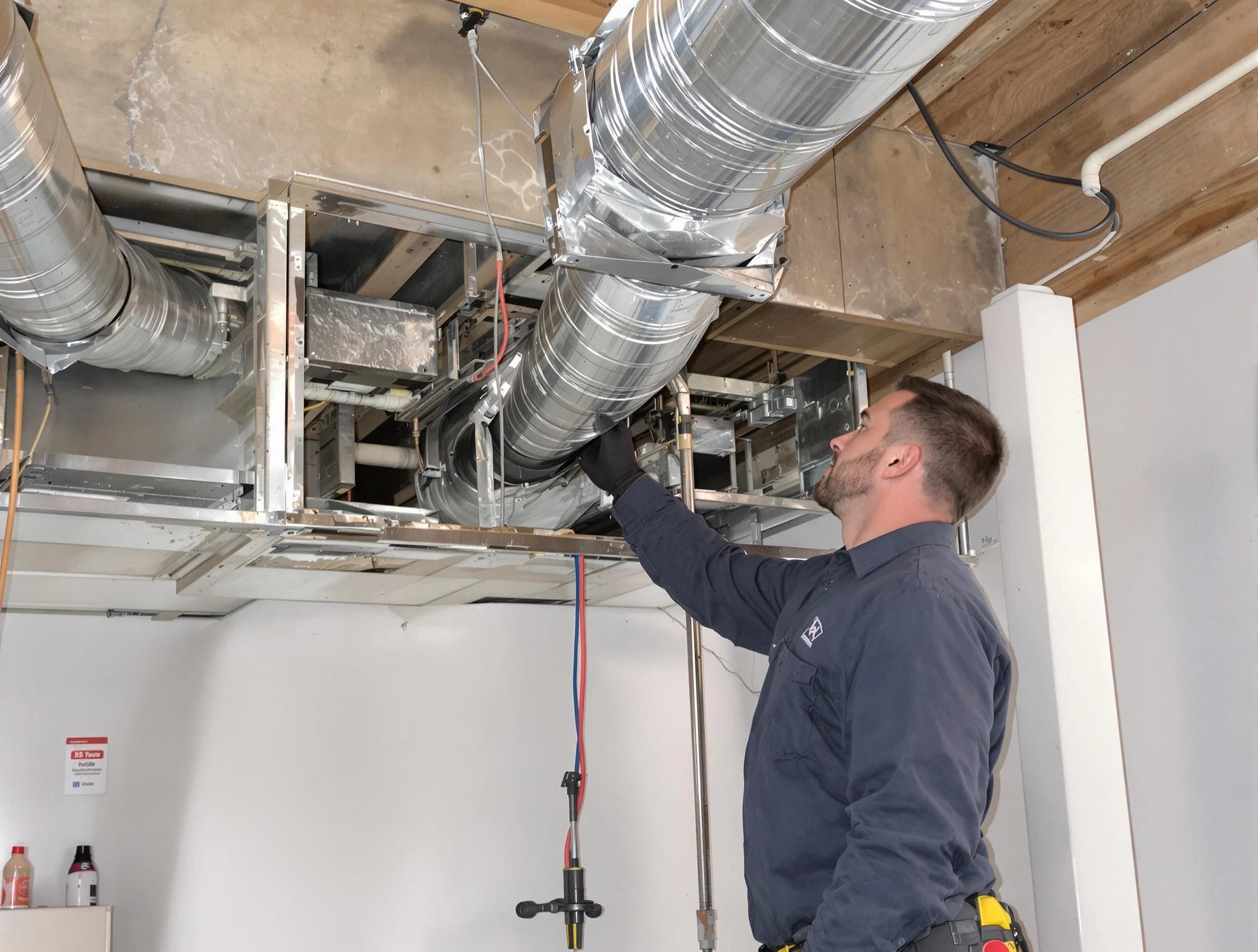 North Huntingdon Air Duct Cleaning technician performing professional air duct repair using specialized tools in North Huntingdon